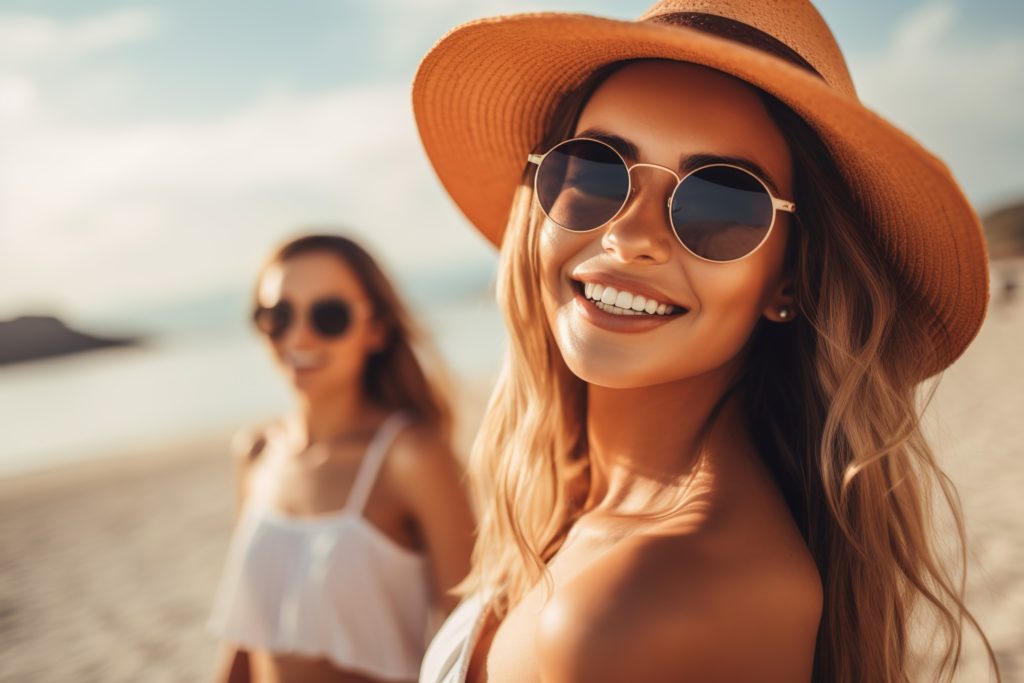 Two friends smiling while walking on beach in the summer