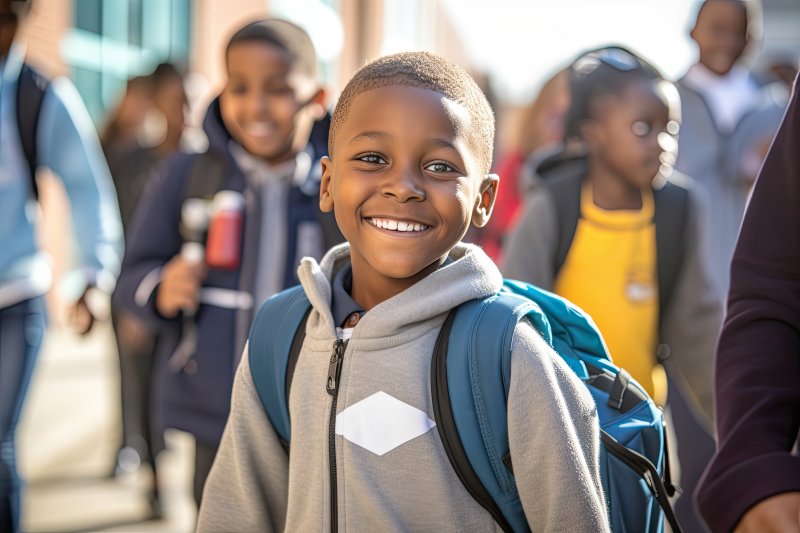 Little boy wearing backpack among peers smiling at viewer