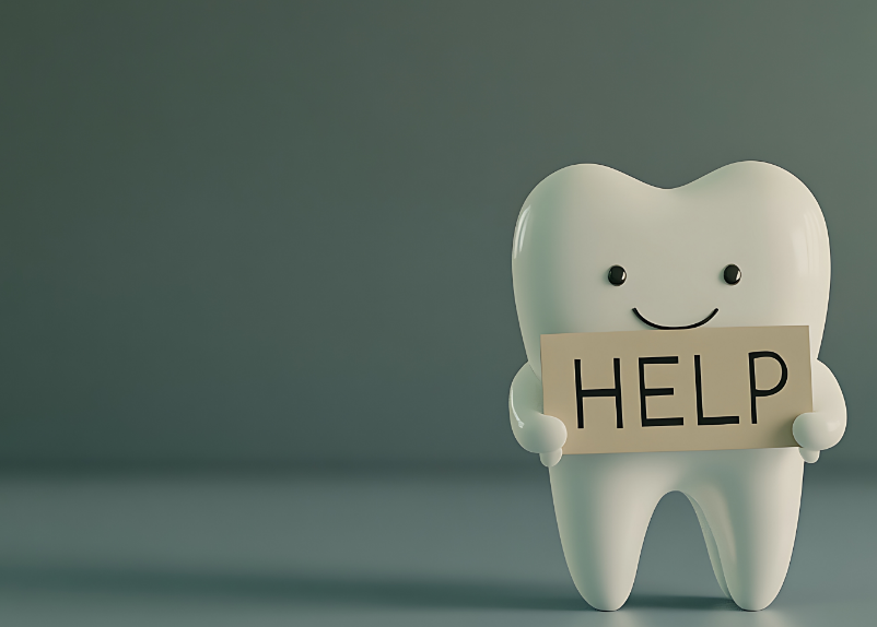 3D tooth cartoon holding a "help" sign.